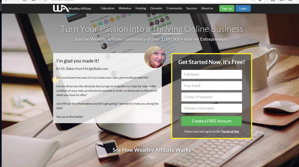 SCREENSHOT OF OPENING PAGE TO WEALTHY AFFILIATE ON POST HOW TO BUILD A WEBSITE FOR FREE